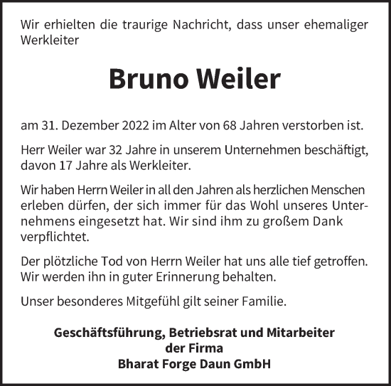 Todesanzeige von Bruno Weiler von trierischer_volksfreund