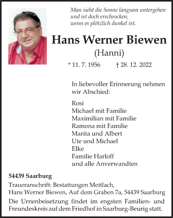 Todesanzeige von Hans Werner Hans Werner von trierischer_volksfreund