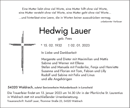 Todesanzeige von Hedwig Lauer von trierischer_volksfreund