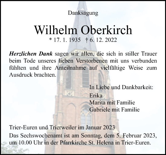 Todesanzeige von Wilhelm Oberkirch von trierischer_volksfreund