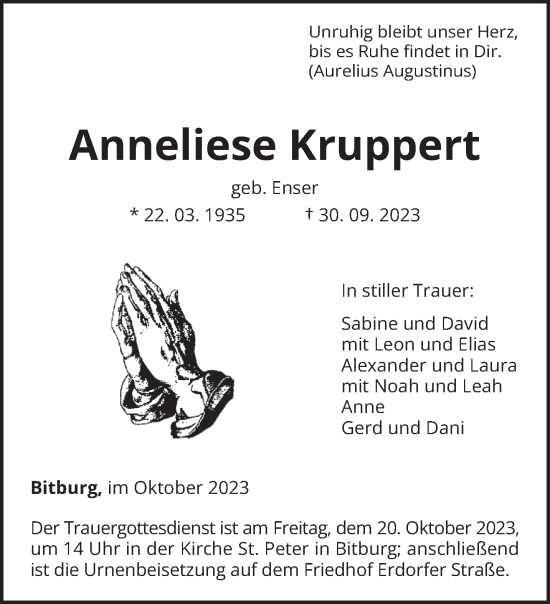 Todesanzeige von Anneliese Kruppert von trierischer_volksfreund