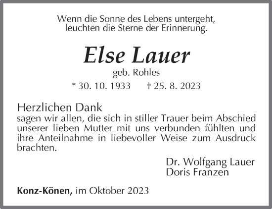 Todesanzeige von Else Lauer von trierischer_volksfreund