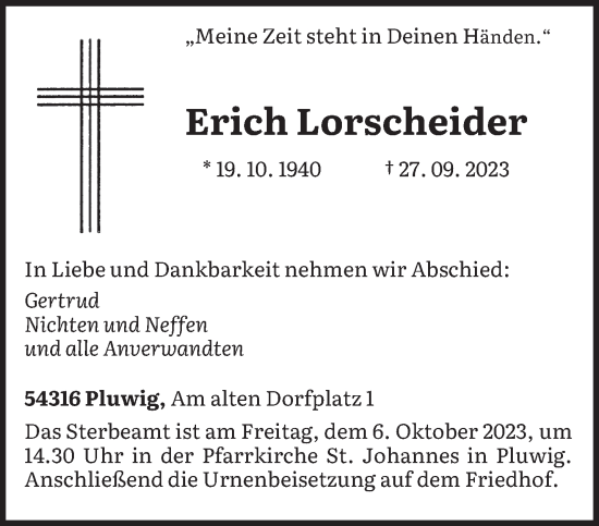 Todesanzeige von Erich Lorscheider von trierischer_volksfreund