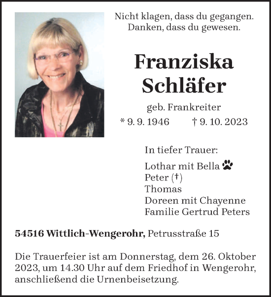 Todesanzeige von Franziska Schläfer von trierischer_volksfreund