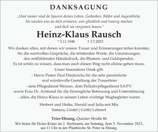 Todesanzeige von Heinz-Klaus Rausch von trierischer_volksfreund