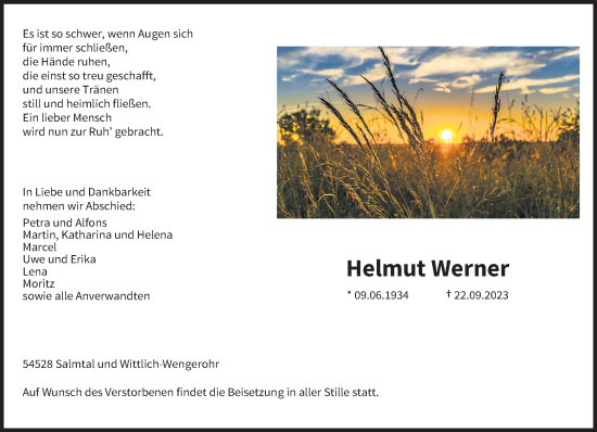 Todesanzeige von Helmut Werner von trierischer_volksfreund