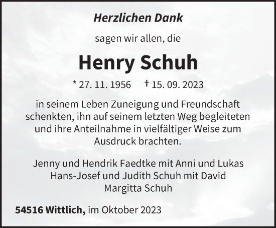 Todesanzeige von Henry Schuh von trierischer_volksfreund