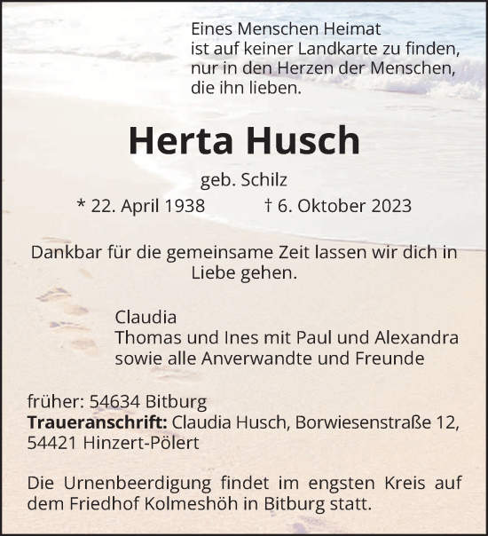 Todesanzeige von Herta Husch von trierischer_volksfreund