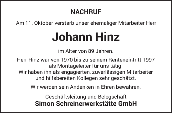 Todesanzeige von Johann Hinz von trierischer_volksfreund