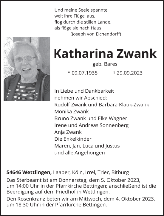 Todesanzeige von Katharina Zwank von trierischer_volksfreund