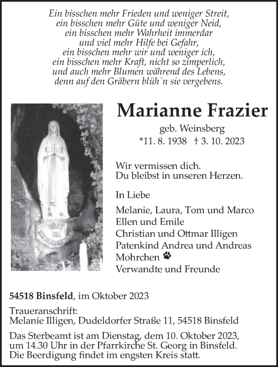 Todesanzeige von Marianne Frazier von trierischer_volksfreund