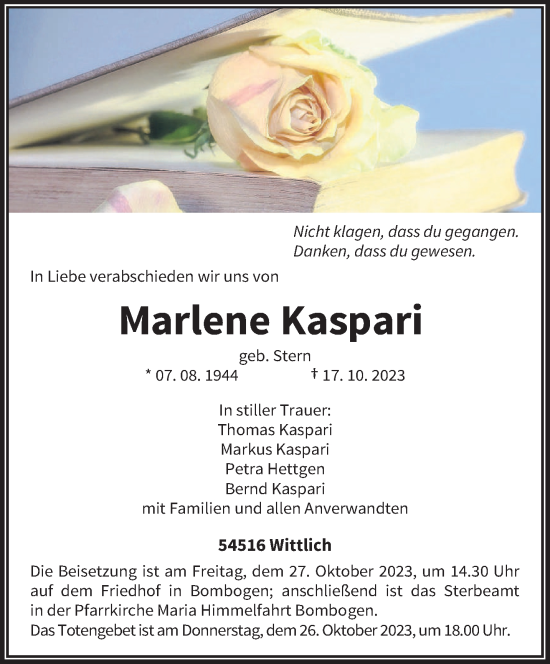Todesanzeige von Marlene Kaspari von trierischer_volksfreund