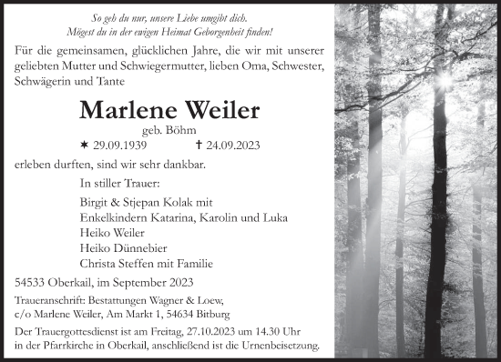Todesanzeige von Marlene Weiler von trierischer_volksfreund