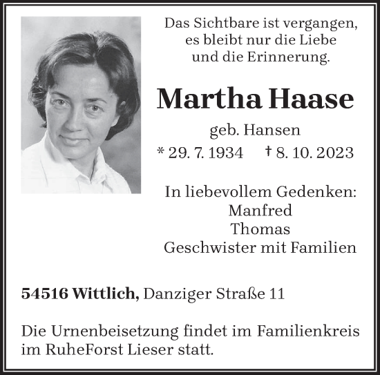 Todesanzeige von Martha Haase von trierischer_volksfreund
