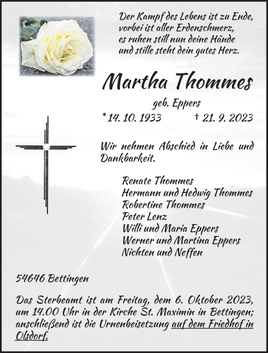 Todesanzeige von Martha Thommes von trierischer_volksfreund