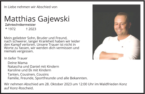 Todesanzeige von Matthias Gajewski von trierischer_volksfreund