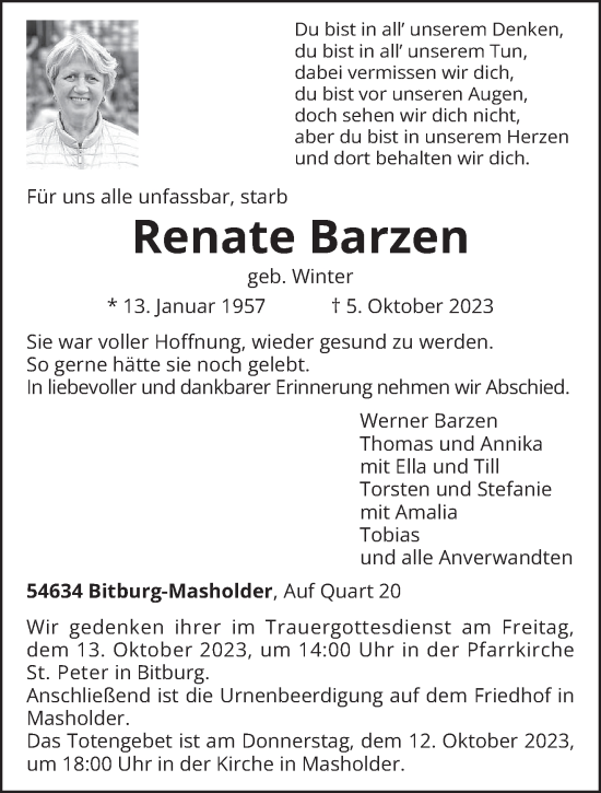 Todesanzeige von Renate Barzen von trierischer_volksfreund