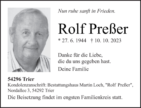 Todesanzeige von Rolf Preßer von trierischer_volksfreund
