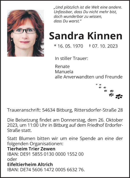 Todesanzeige von Sandra Kinnen von trierischer_volksfreund