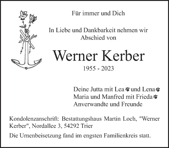 Todesanzeige von Werner Kerber von trierischer_volksfreund
