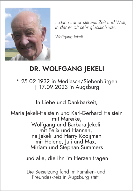 Todesanzeige von Wolfgang Jekeli von trierischer_volksfreund