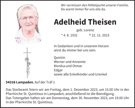 Todesanzeige von Adelheid Theisen von trierischer_volksfreund