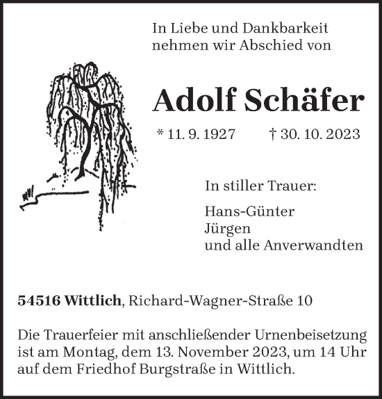Todesanzeige von Adolf Schäfer von trierischer_volksfreund