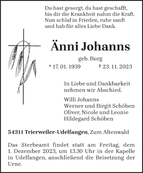 Todesanzeige von Änni Johanns von trierischer_volksfreund