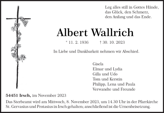 Todesanzeige von Albert Wallrich von trierischer_volksfreund