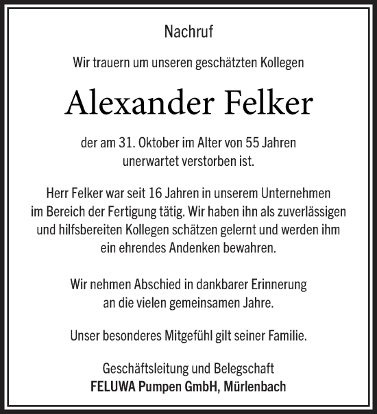 Todesanzeige von Alexander Felker von trierischer_volksfreund