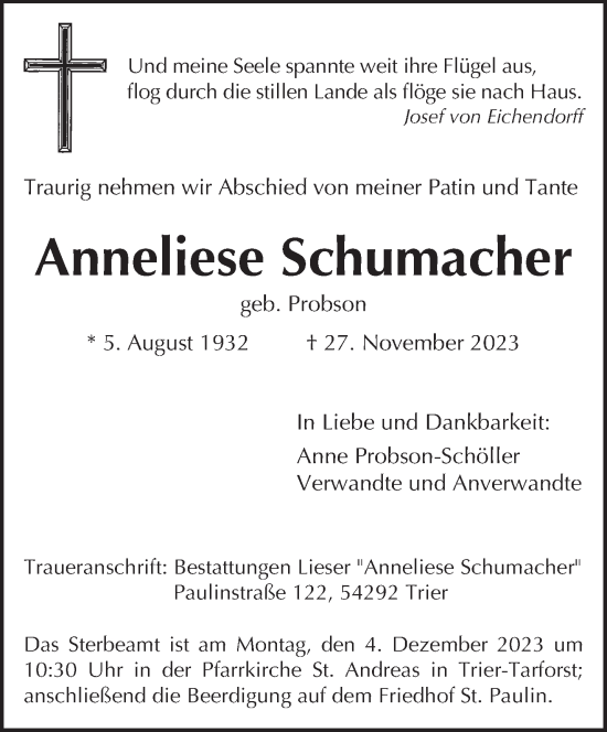 Todesanzeige von Anneliese Schumacher von trierischer_volksfreund