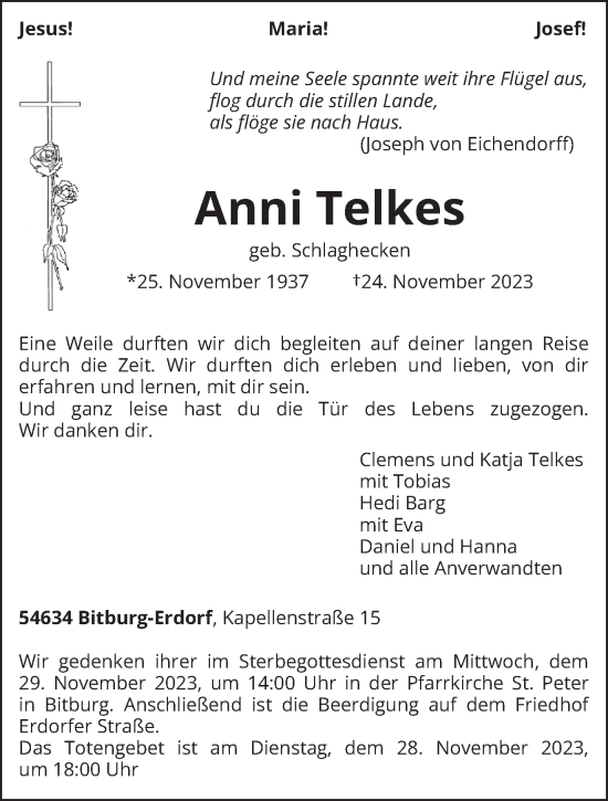 Todesanzeige von Anni Telkes von trierischer_volksfreund
