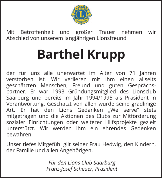 Todesanzeige von Barthel Krupp von trierischer_volksfreund