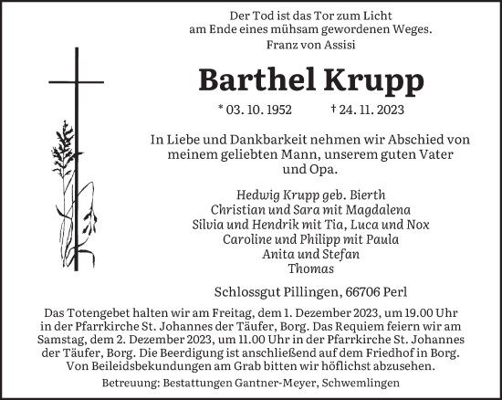 Todesanzeige von Barthel Krupp von trierischer_volksfreund
