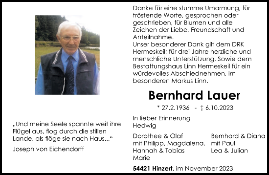 Todesanzeige von Bernhard Lauer von trierischer_volksfreund