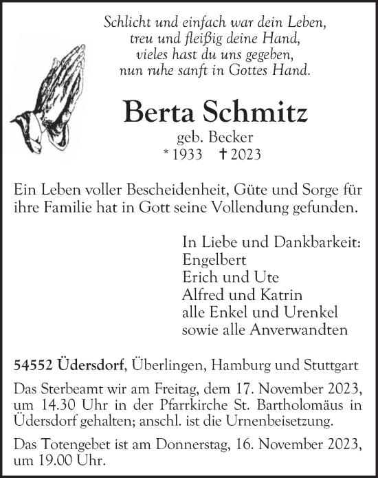 Todesanzeige von Berta Schmitz von trierischer_volksfreund