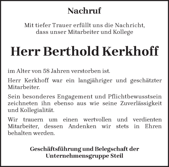 Todesanzeige von Berthold Kerkhoff von trierischer_volksfreund