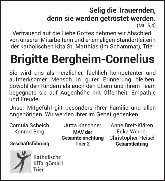 Todesanzeige von Brigitte Bergheim-Cornelius von trierischer_volksfreund