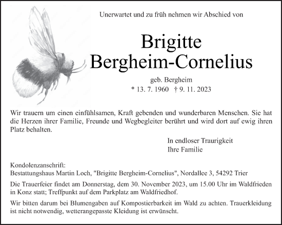 Todesanzeige von Brigitte Bergheim-Cornelius von trierischer_volksfreund