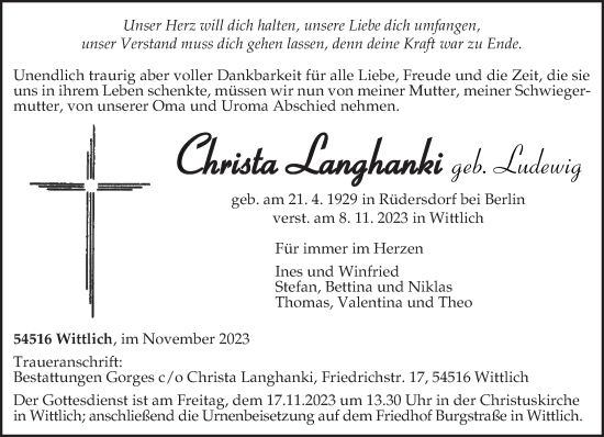 Todesanzeige von Christa Langhanki von trierischer_volksfreund