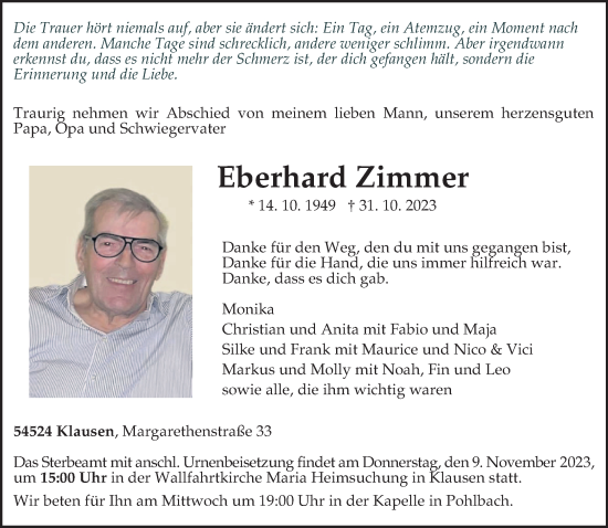 Todesanzeige von Eberhard Zimmer von trierischer_volksfreund