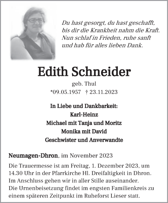 Todesanzeige von Edith Schneider von trierischer_volksfreund