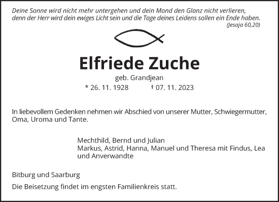 Todesanzeige von Elfriede Zuche von trierischer_volksfreund