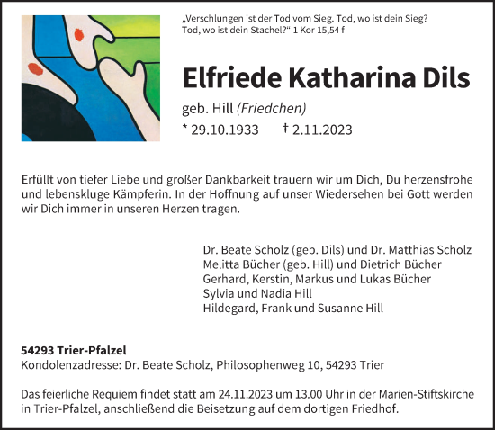 Todesanzeige von Elfriede Katharina Dils von trierischer_volksfreund