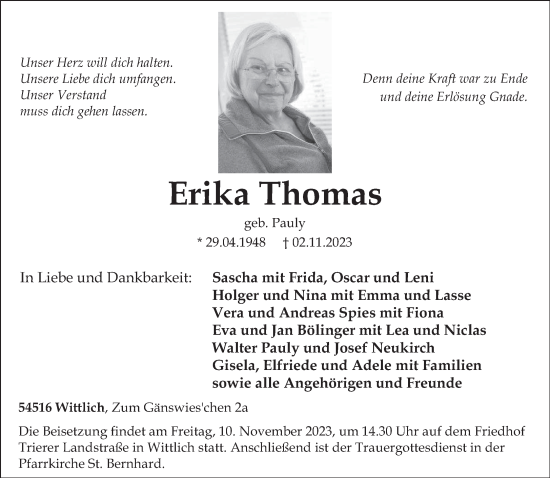 Todesanzeige von Erika Thomas von trierischer_volksfreund