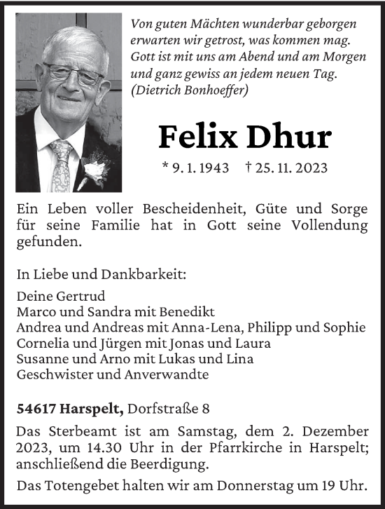 Todesanzeige von Felix Dhur von trierischer_volksfreund