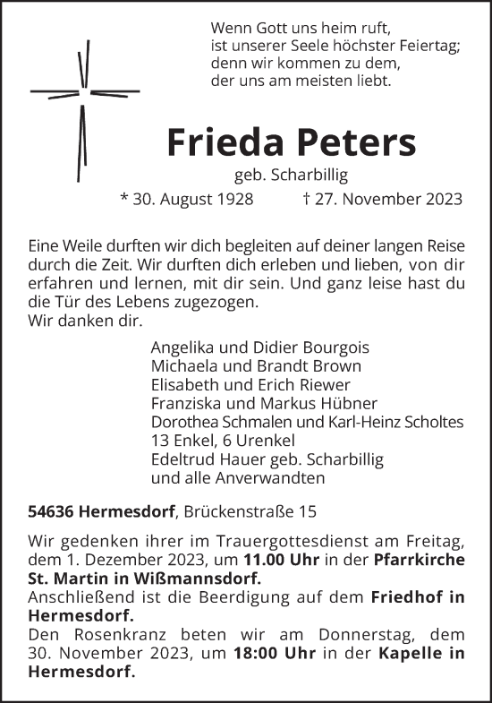 Todesanzeige von Frieda Peters von trierischer_volksfreund