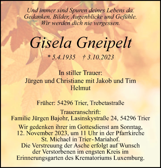 Todesanzeige von Gisela Gneipelt von trierischer_volksfreund