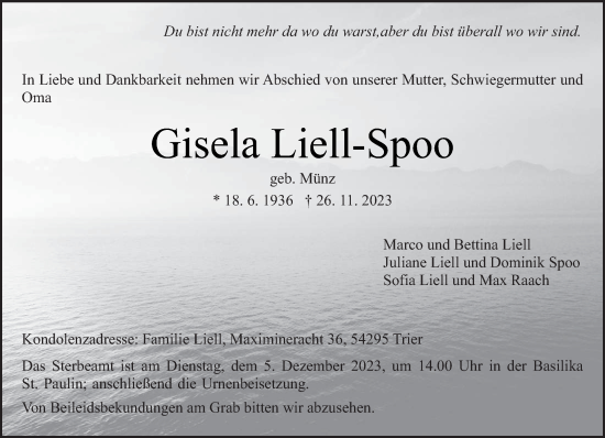Todesanzeige von Gisela Liell-Spoo von trierischer_volksfreund