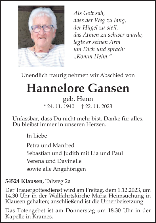 Todesanzeige von Hannelore Gansen von trierischer_volksfreund